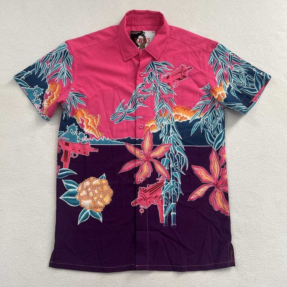 Retro Rifle V2 Scarface Pink Hawaiian Tropical Floral Print Button Shirt Men XS